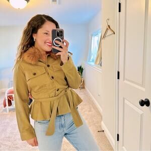 NWT J. CREW Tan Fur Collar Canvas Belted Jacket Small